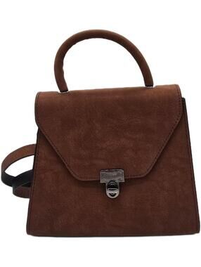 Brown Faux Leather Structured Handbag with Top Handle and Fl